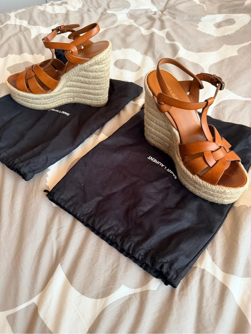 Saint Laurent Brown Leather Espadrille Wedge Sandals